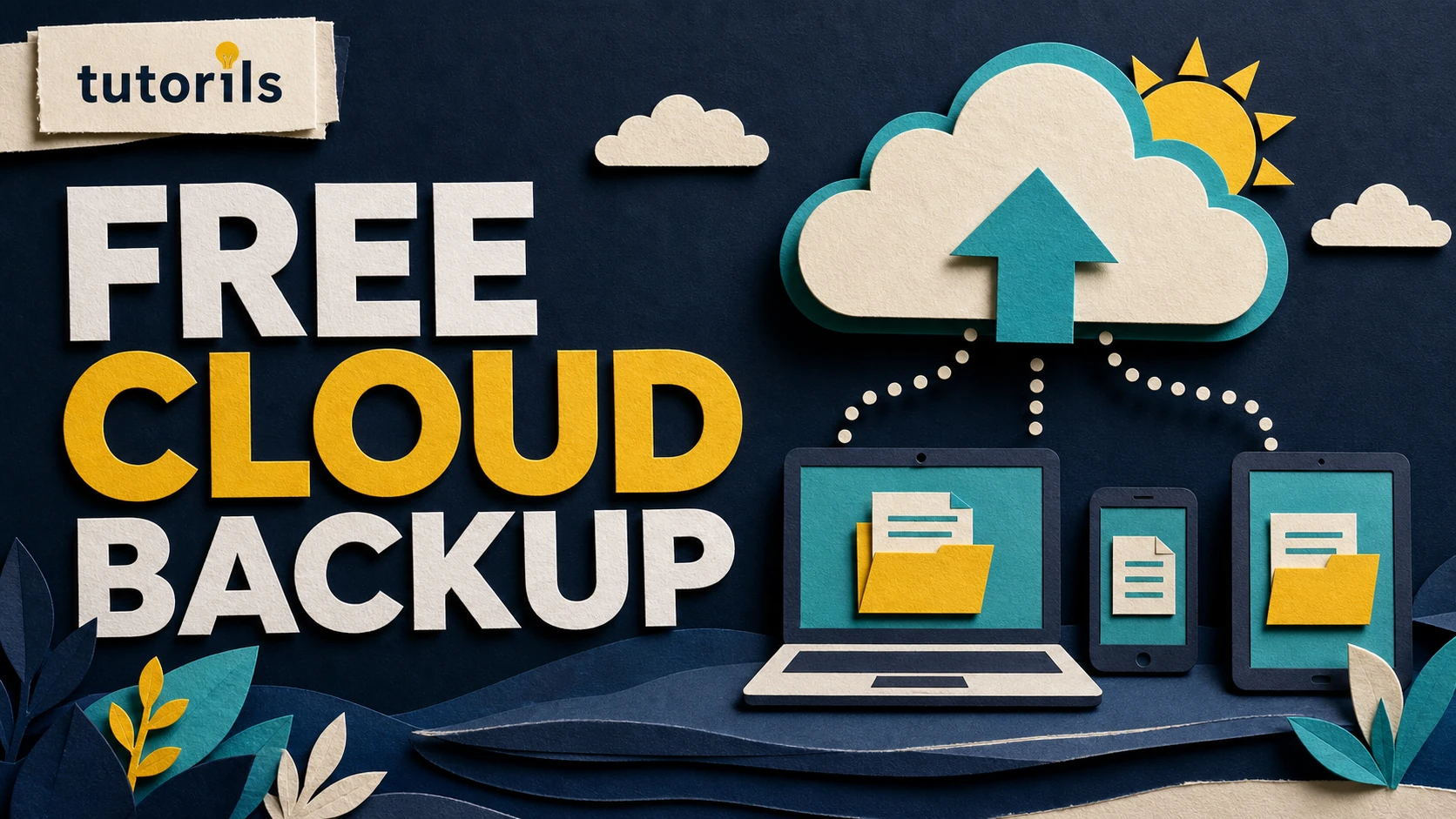 Realistic paper-craft illustration for Best Free Cloud Backup Setup for Phone and Laptop Files