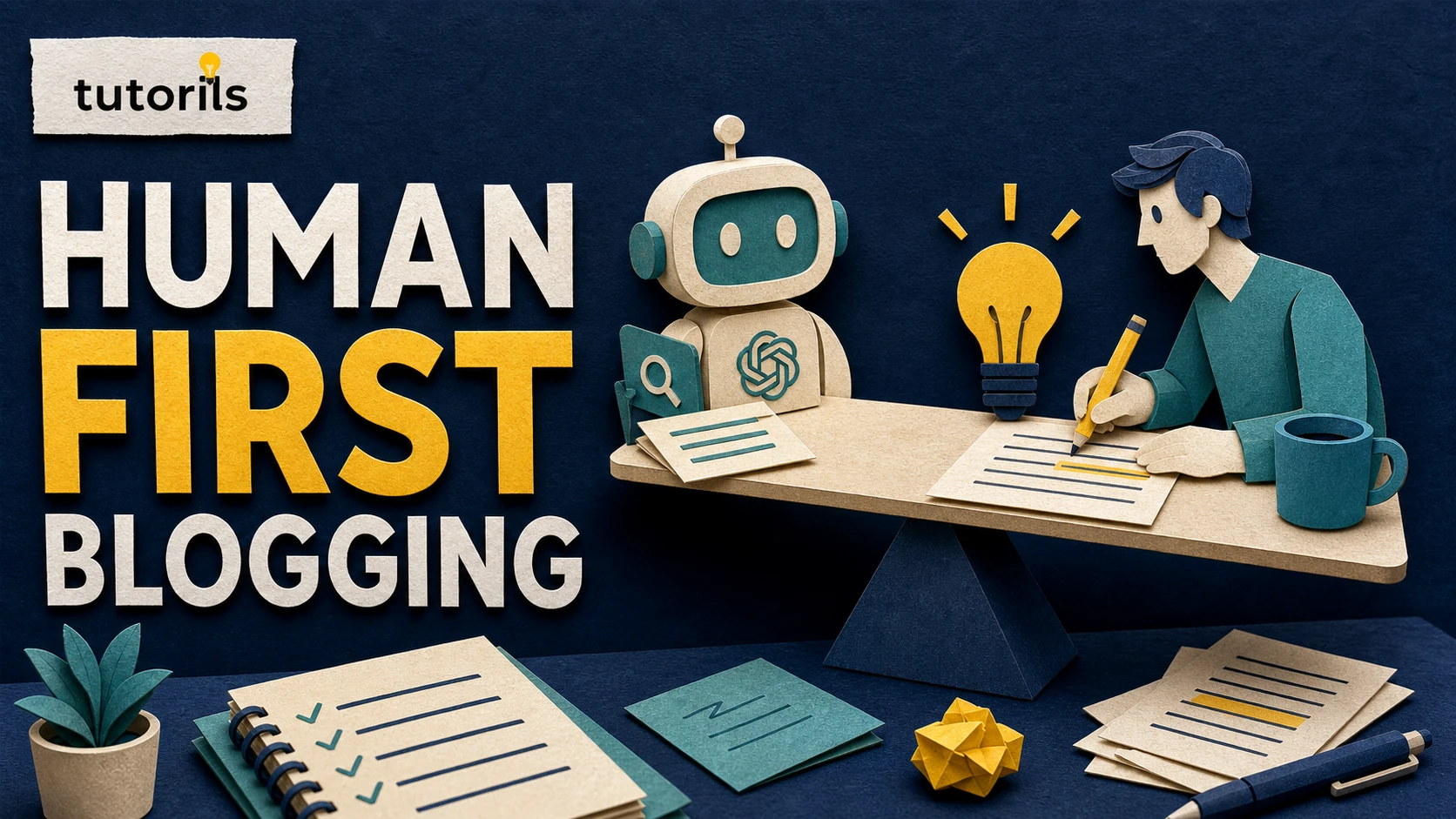 Realistic paper-craft illustration for Blogging with AI: Safe Workflow to Write Helpful Content