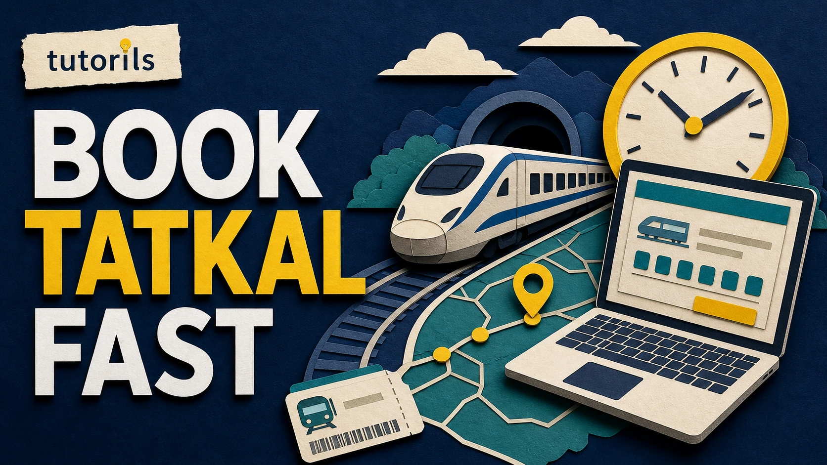 Paper-craft train ticket booking scene with a clock