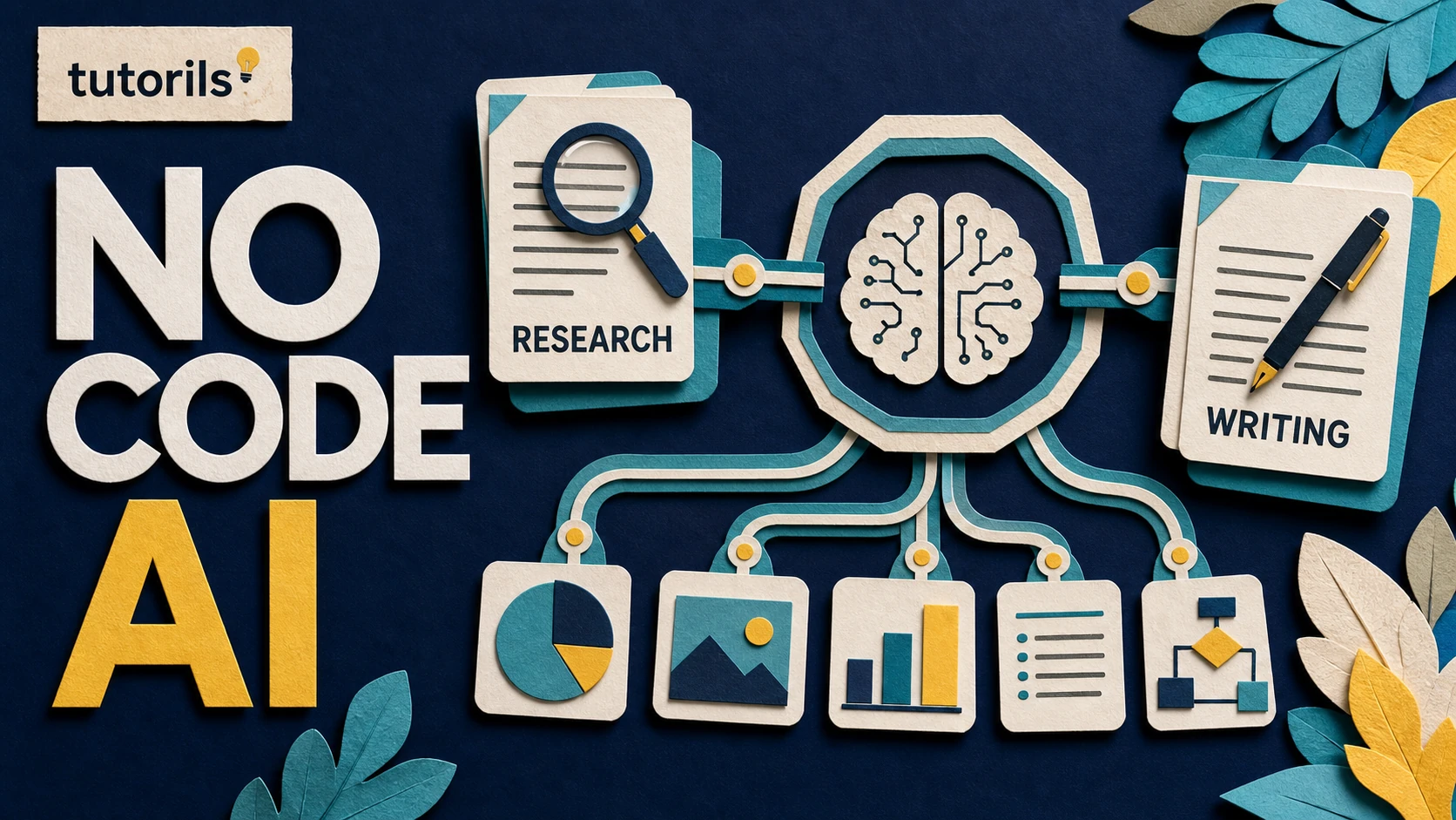 Realistic paper-craft illustration for How to Build a No-Code AI Workflow for Research and Writing