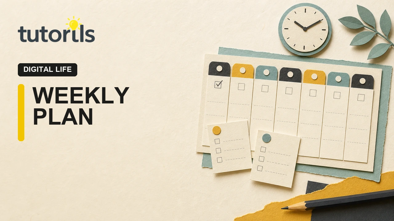 Paper-craft weekly planner with task cards and a clock