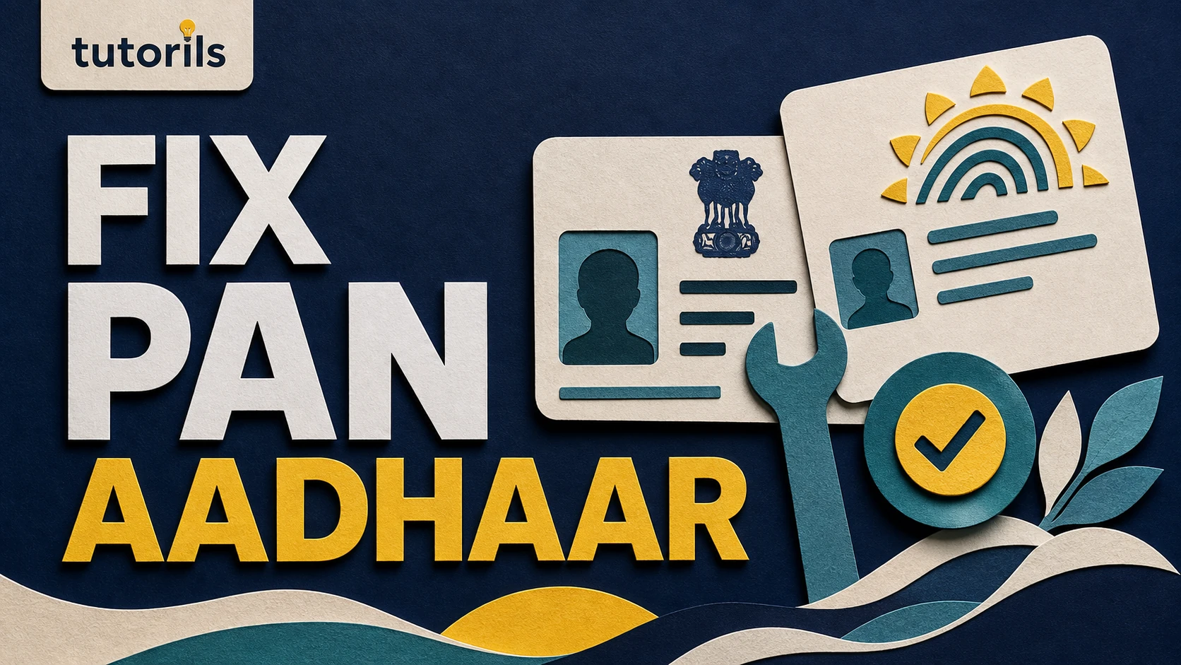 Realistic paper-craft illustration for How to Check and Fix PAN Aadhaar Linking Problems