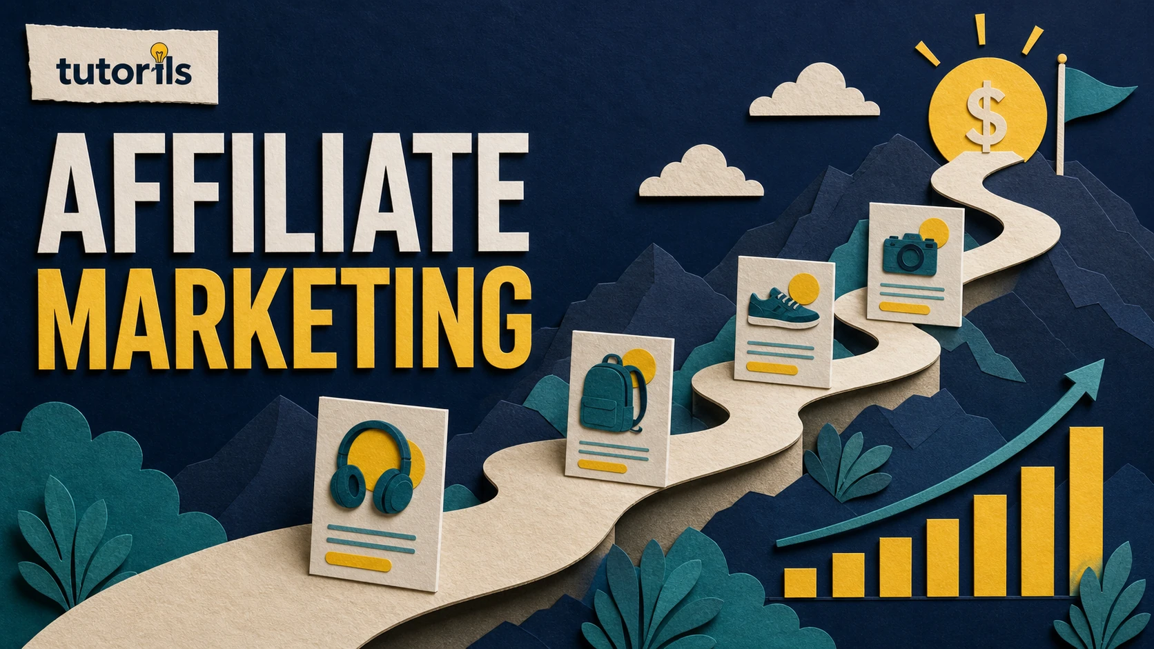 Realistic paper-craft illustration for How to Make Money with Affiliate Marketing Without a Big Audience
