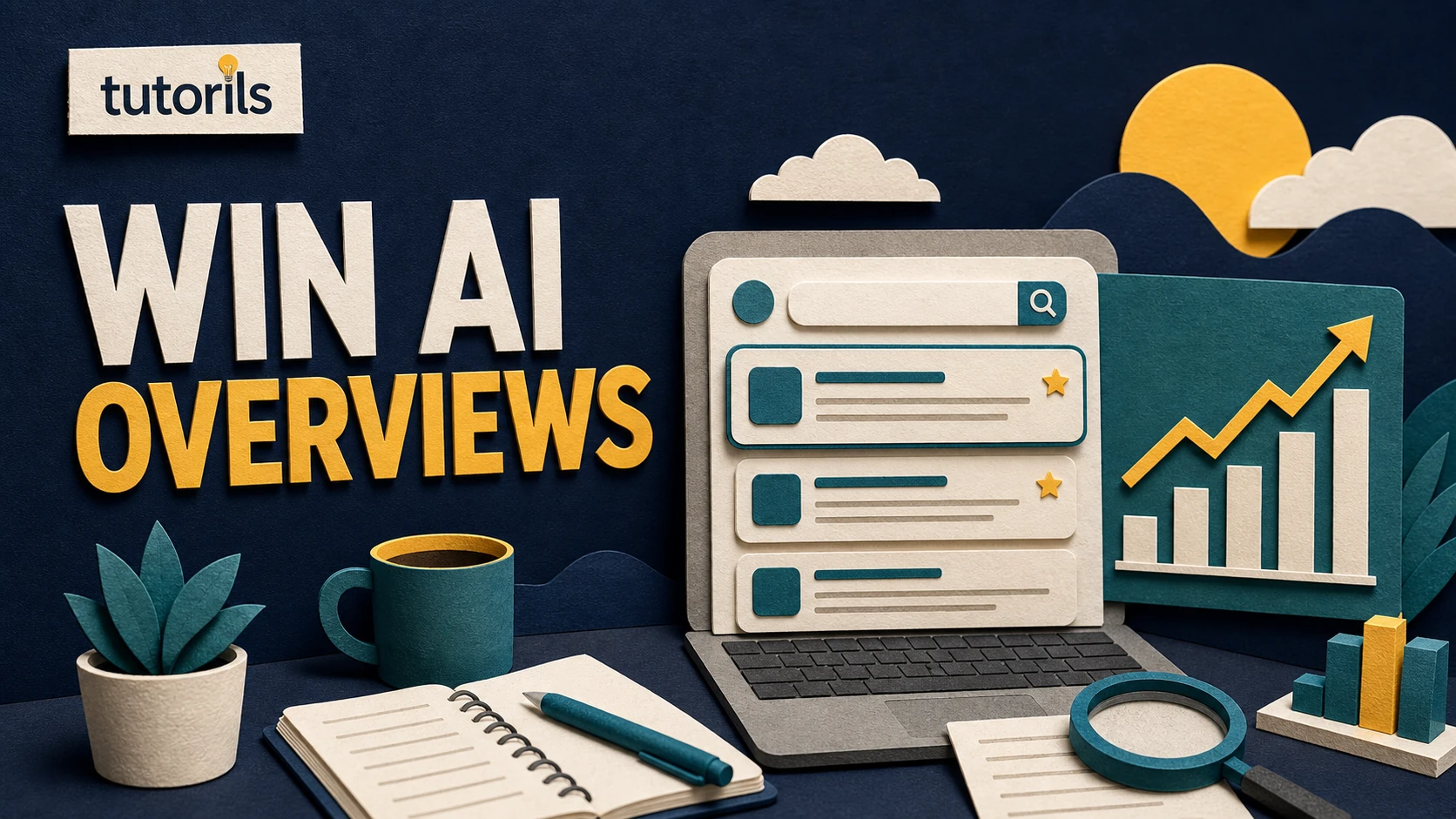 Realistic paper-craft illustration for How to Rank Blog Posts in Google AI Overviews in 2026