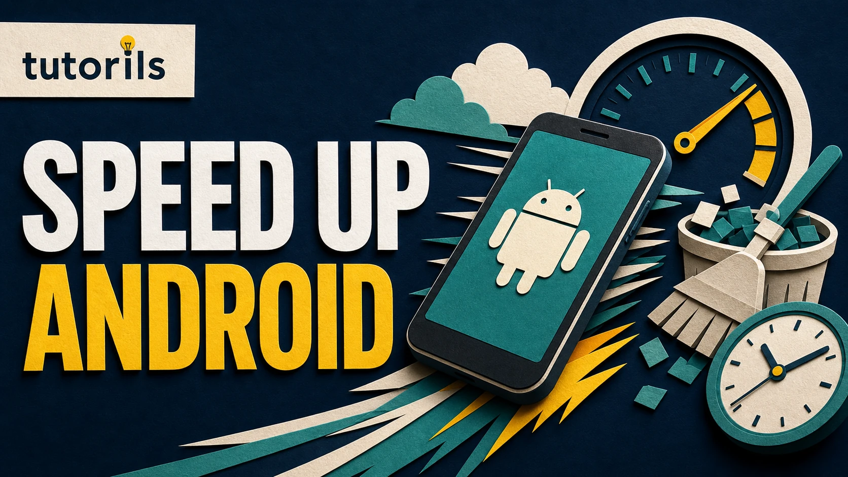 Paper-craft Android performance scene with speed tools