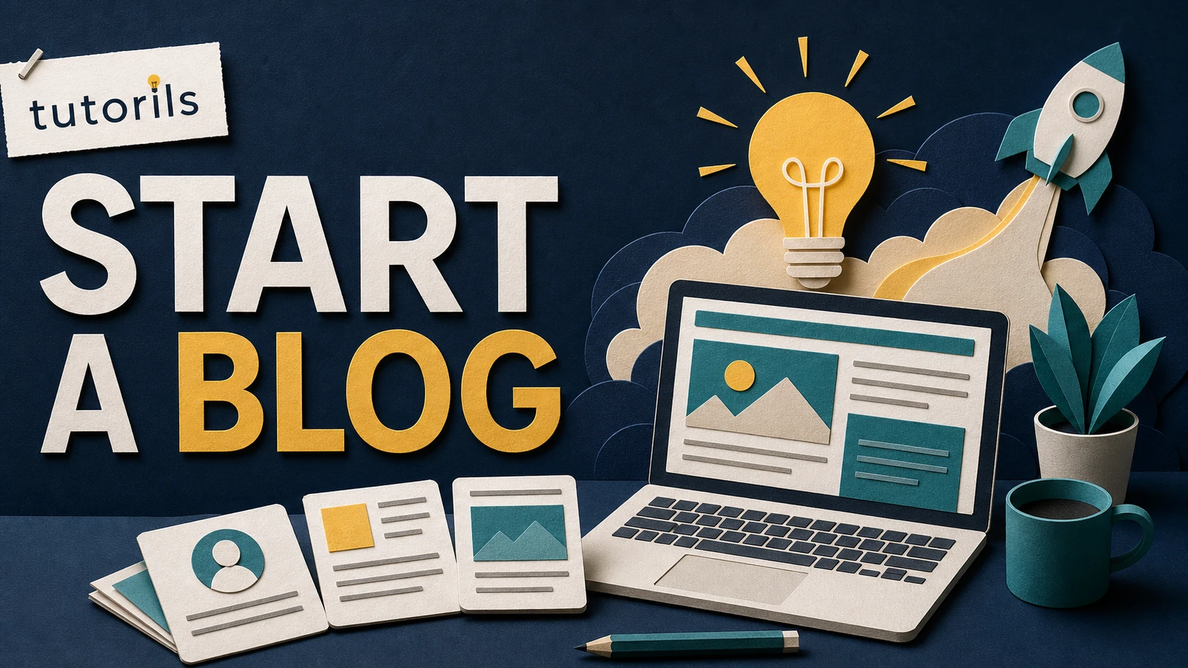 Realistic paper-craft illustration for How to Start a Blog on WordPress in 2025