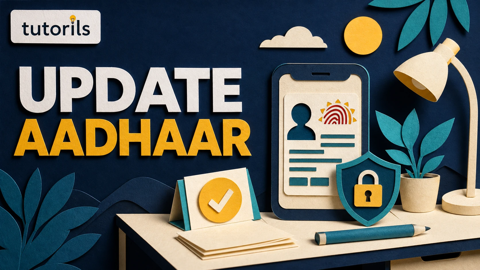 Realistic paper-craft illustration for How to Update Aadhaar Mobile Number Online and Offline