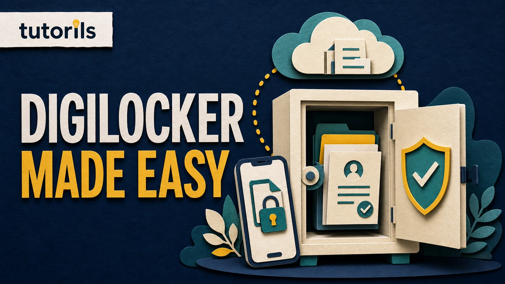 Realistic paper-craft illustration for How to Use DigiLocker: Store, Access and Share Your Documents Online