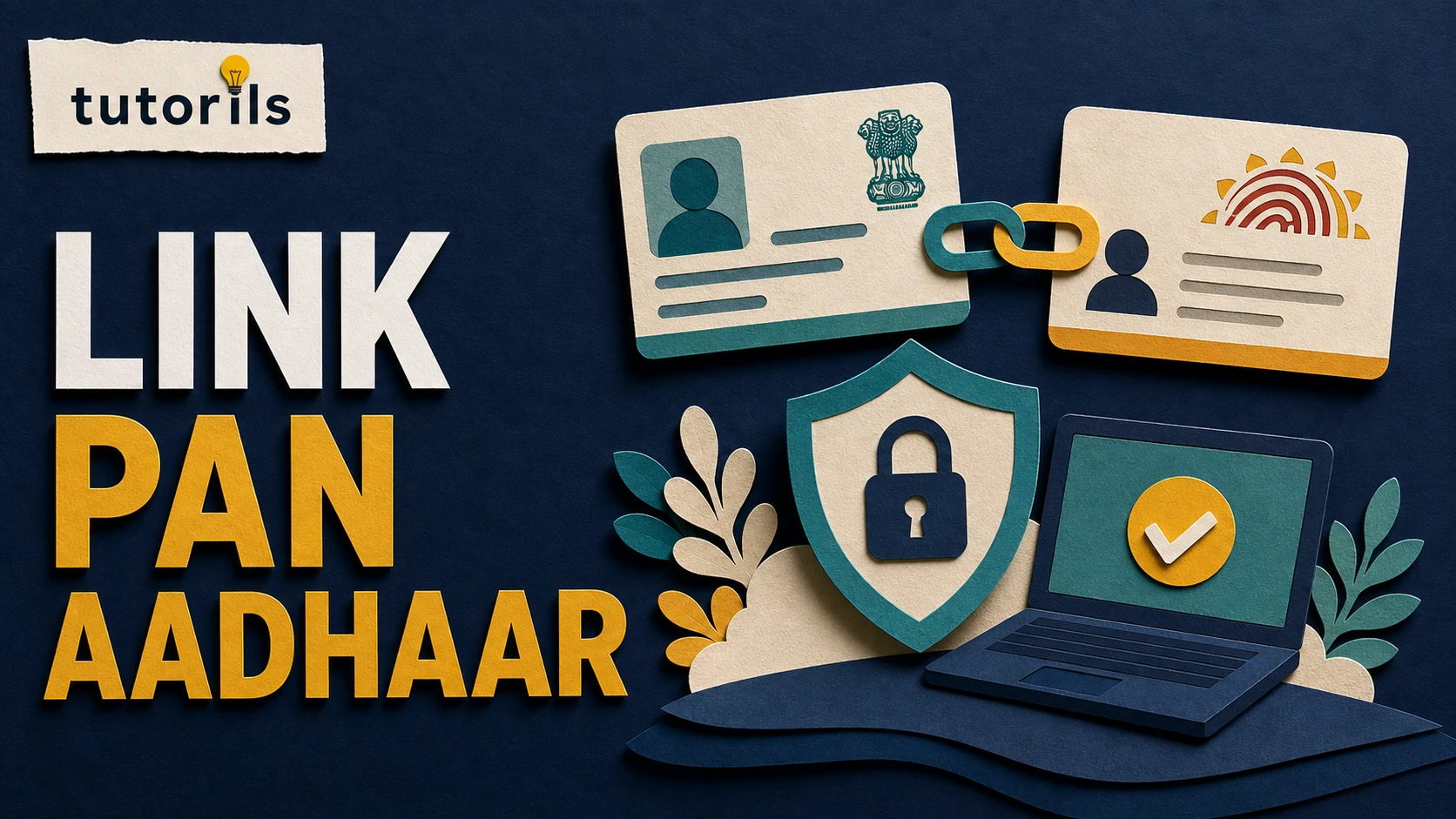 Realistic paper-craft illustration for Link PAN with Aadhaar Card: 5 Steps to Complete in Minutes