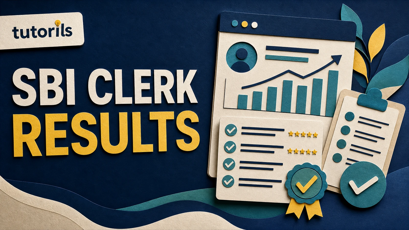 Realistic paper-craft illustration for SBI Clerk Prelims Result 2025: Check Now and Download Scorecard