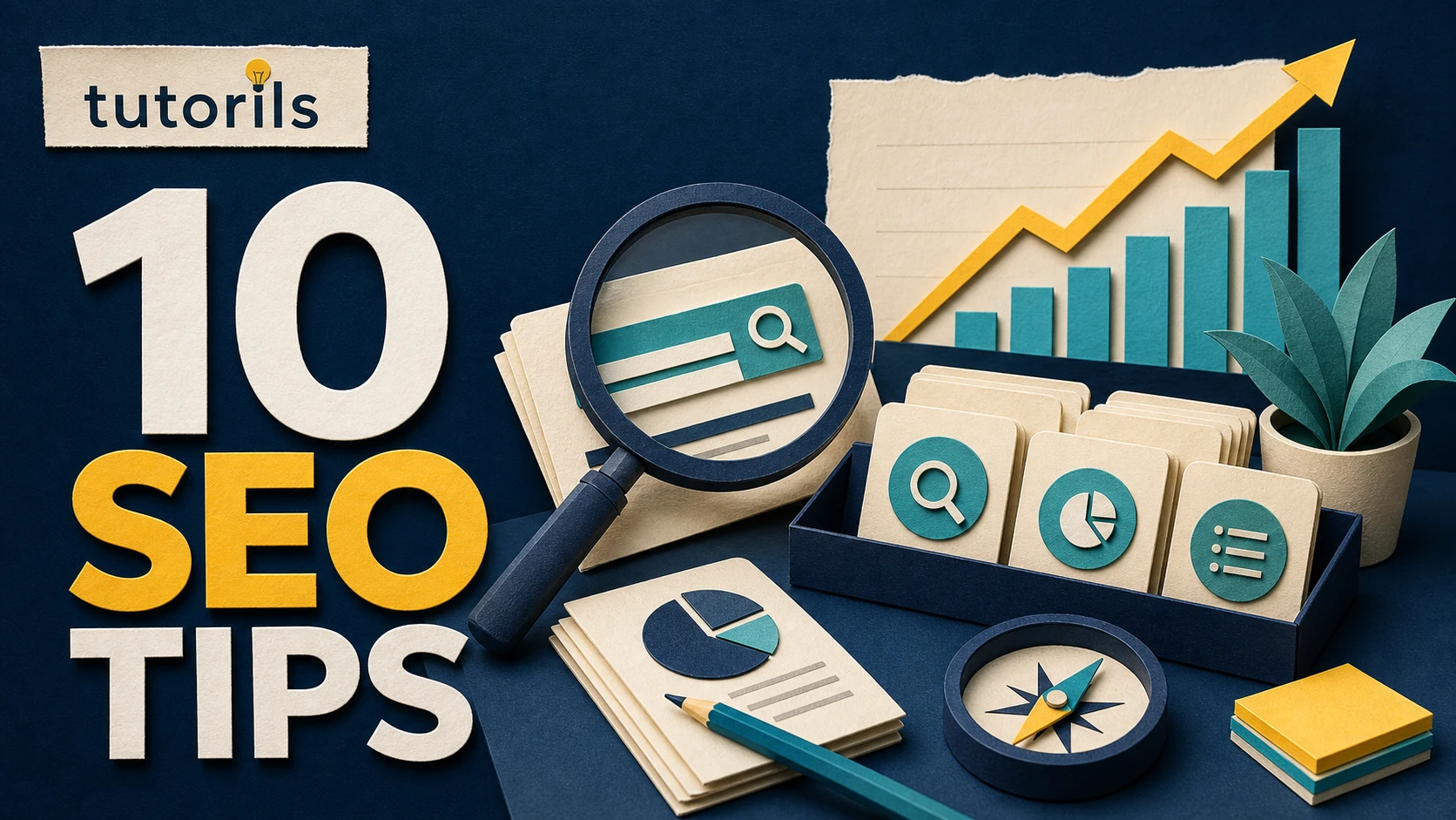 Realistic paper-craft illustration for 10 SEO Tips to Rank Your Blog on Google in 2025