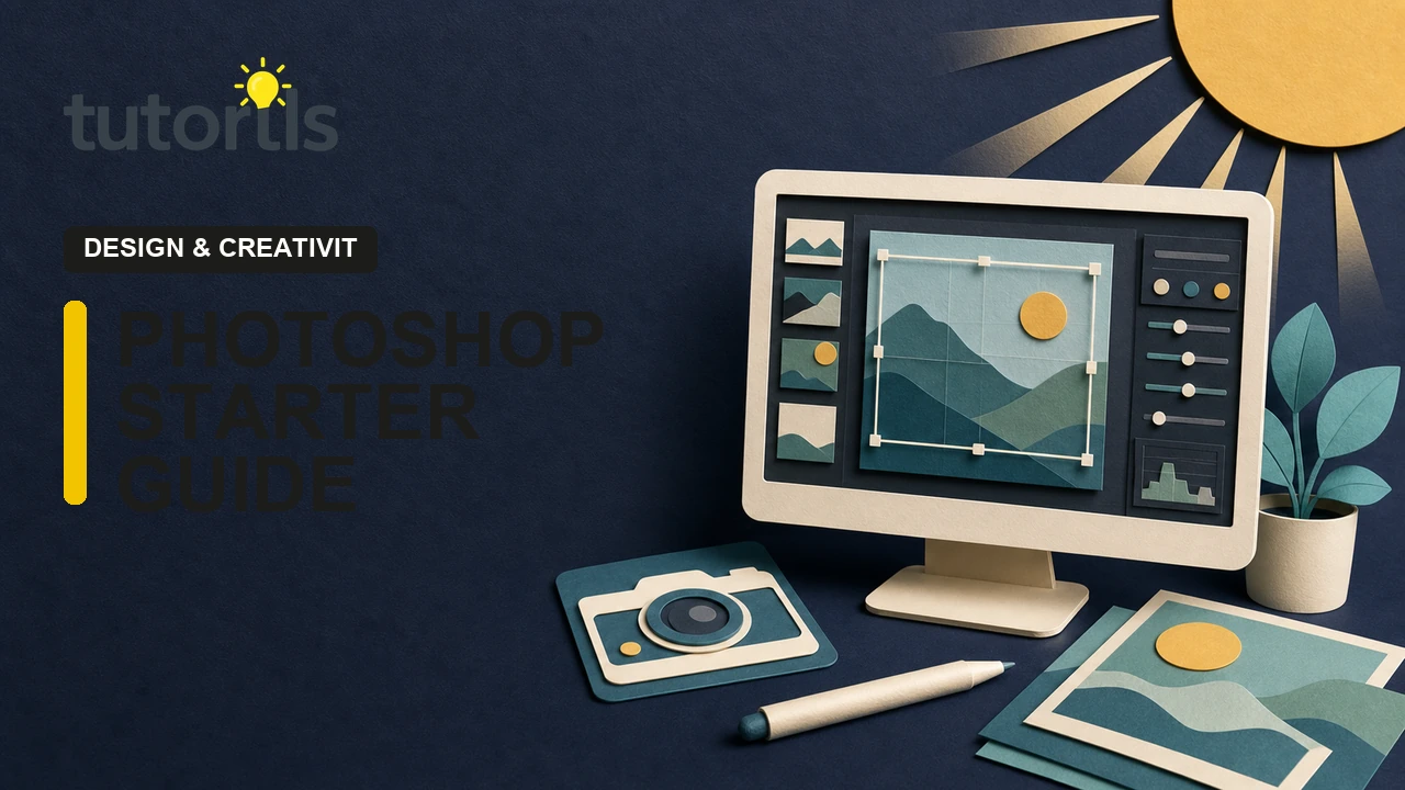 Paper-craft photo editing desk with creative tools and layered picture cards
