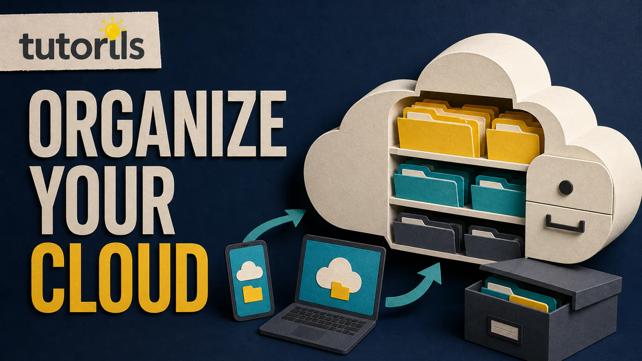 Paper-craft cloud filing cabinet organizing folders from multiple devices