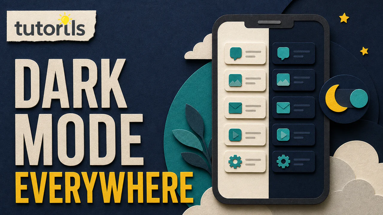 Paper-craft phone changing applications from light mode to dark mode