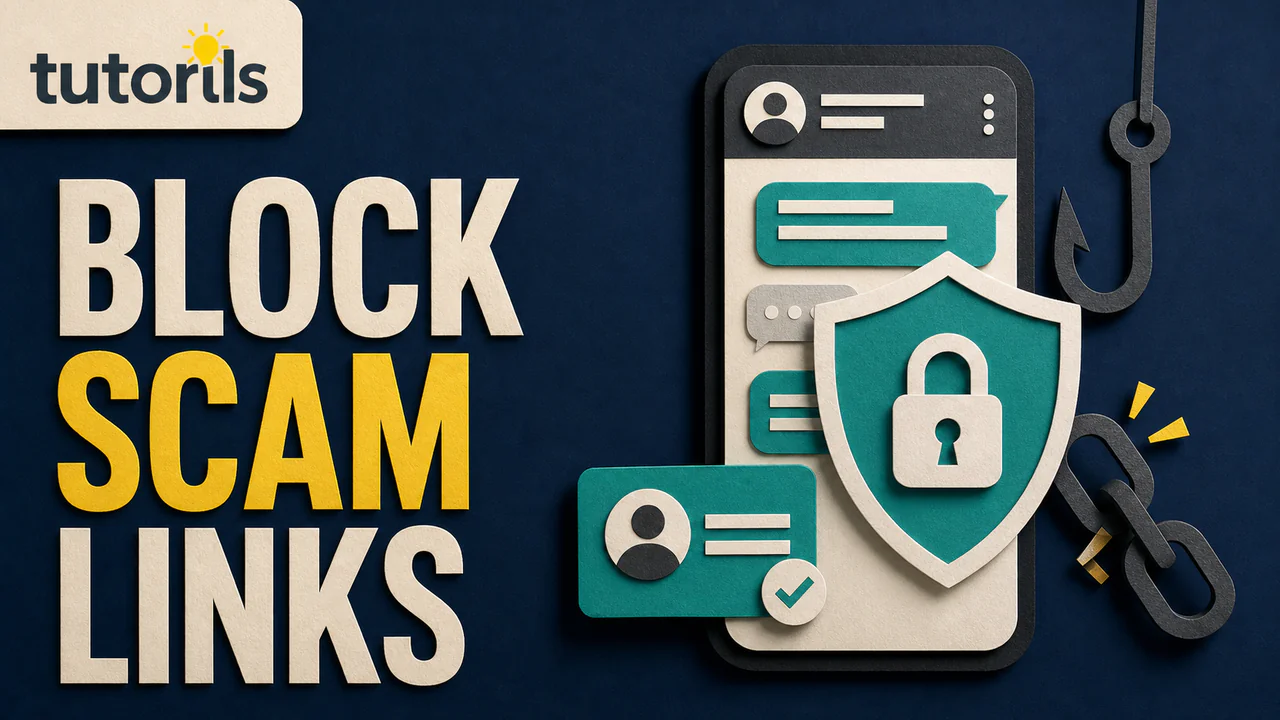 Paper-craft chat screen blocking a phishing hook and suspicious link