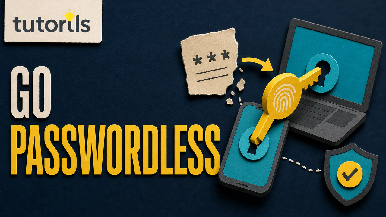 Paper-craft passkey replacing a torn password note on phone and laptop