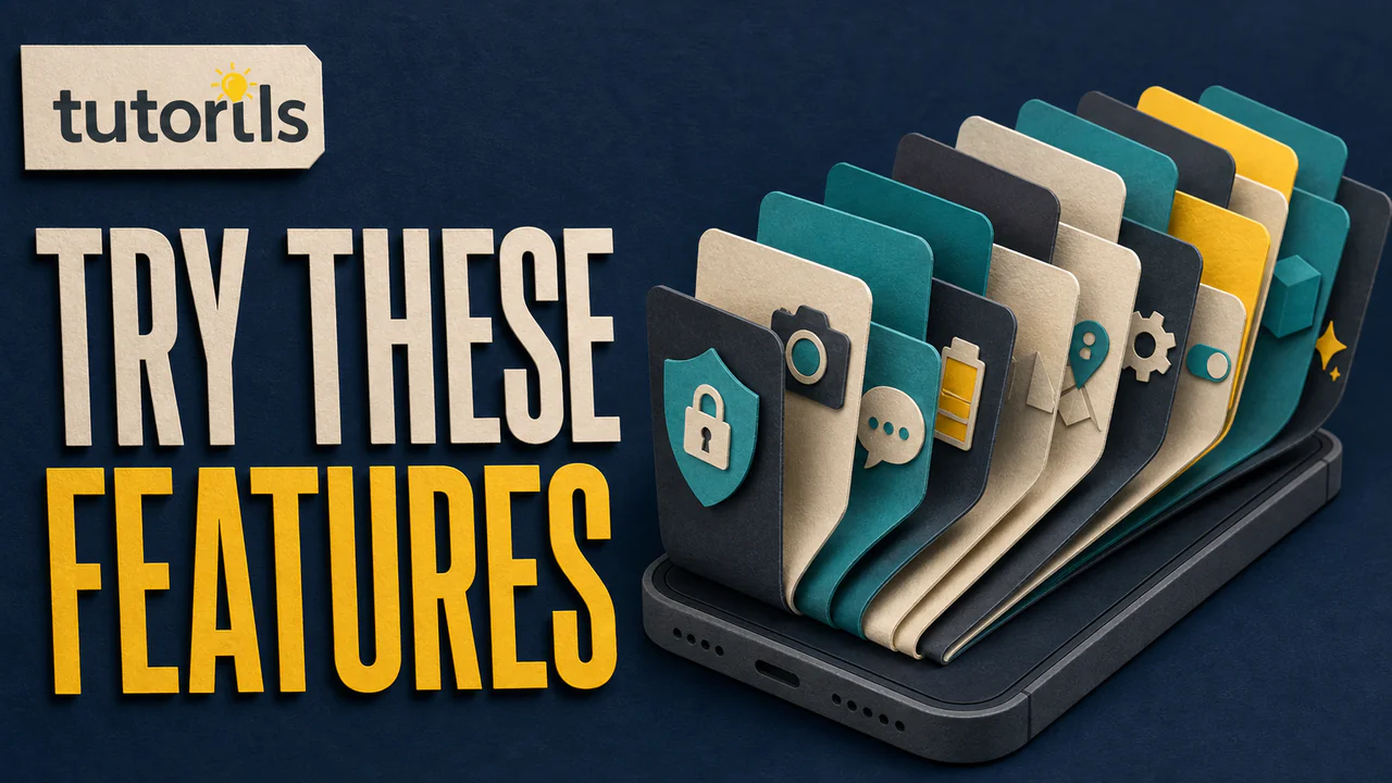 Paper-craft smartphone unfolding into layered mobile feature cards